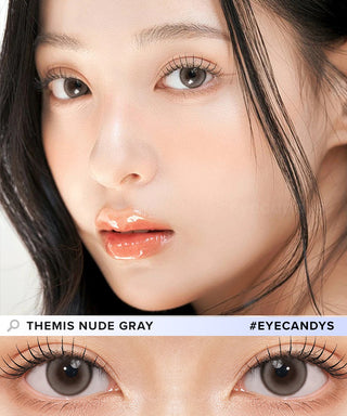 Asian model demonstrating a K-idol-inspired look with Gemhour Themis Nude Grey coloured contact lenses, highlighting the instant brightening and enlarging effect of the circle contact lenses over dark irises.