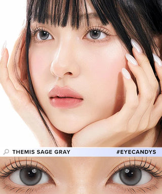 Asian model demonstrating a K-idol-inspired look with Gemhour Themis Sage Grey coloured contact lenses, highlighting the instant brightening and enlarging effect of the circle contact lenses over dark irises.