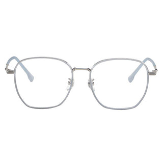 The EyeCandys Therese Oversized Square glasses feature a silver TR and metal frame with clear nose pads. Lightweight eyewear, shown facing forward on a white background.