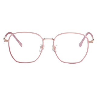 The EyeCandys Therese Oversized Square features pink TR and metal frames, large rounded lenses, and clear nose pads for a stylish, lightweight look. Shown on a white background.