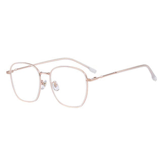 The EyeCandys Therese Oversized Square glasses feature thin gold metal frames, TR material, rounded square lenses, clear nose pads, and white-tipped straight arms for comfortable, lightweight wear.