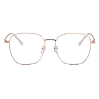 EyeCandys Therese Oversized Square glasses feature a gold, thin TR and metal frame design with clear lenses, displayed facing forward on a white background.