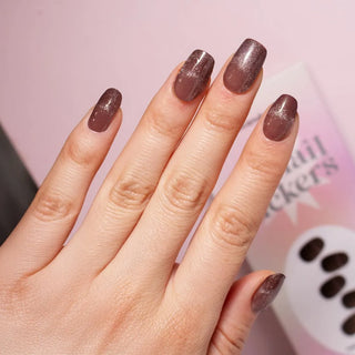 An image if a hand model showcasing the Toasted Chestnut Nail Gel Sticker Design.