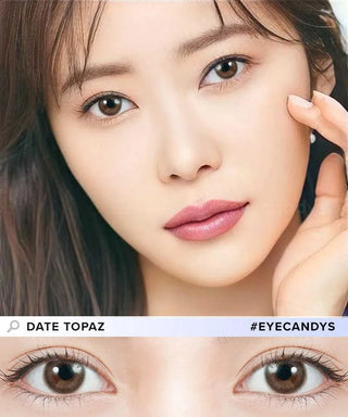 Model showcasing a clean-makeup look using Topards 1-Day Date Topaz (10pk) blended color contacts, above a closeup showing how well the color contacts blend in with her dark eyes.