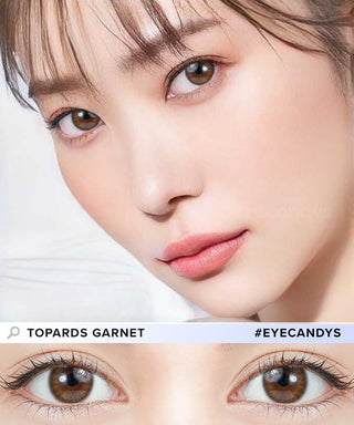Model showcasing a clean-makeup look using Topards 1-Day Garnet Brown (10pk) blended color contacts, above a closeup showing how well the color contacts blend in with her dark eyes.