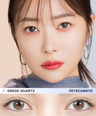 Model showcasing a clean-makeup look using Topards 1-Day Grege Quartz (10pk) blended color contacts, above a closeup showing how well the color contacts blend in with her dark eyes.