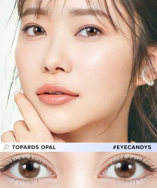 Model showcasing a clean-makeup look using Topards 1-Day Opal (10pk) blended color contacts, above a closeup showing how well the color contacts blend in with her dark eyes.