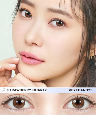 Model showcasing a clean-makeup look using Topards 1-Day Strawberry Quartz (10pk) blended color contacts, above a closeup showing how well the color contacts blend in with her dark eyes.