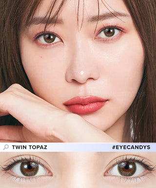 Model showcasing a clean-makeup look using Topards 1-Day Twin Topaz (10pk) blended color contacts, above a closeup showing how well the color contacts blend in with her dark eyes.