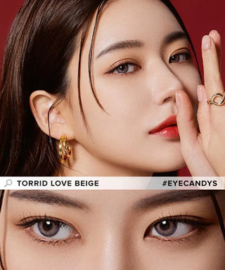 Model showcasing the natural look using Olola Torrid Love Beige (KR) prescription color contacts, above a closeup of a pair of eyes transformed by the color contact lenses