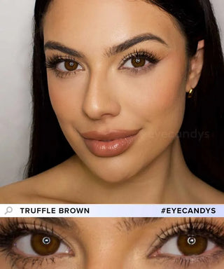 A female model with natural dark eyes wearing Pink Label Truffle Brown contact lenses, complemented by subtle eyeshadow and redlipstick and Close-up image showcases the model's eyes adorned with the same brown contact lenses
