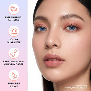 Full face of model wearing EyeCandys Bunnie Jelly Blue colored contact lenses. Close-up highlighting translucent aqua iris, luminous glow, long lashes, and soft limbal ring for a fresh, modern eye look.