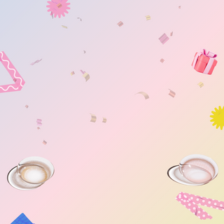 Scattered party decorations, confetti, and two coffee cups sit on a pink and purple gradient background, with a pink gift box and colorful party elements around the corners.