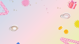 Festive background with pastel gradient, confetti, teacups, gold coins, a pink gift box, and colorful decorative shapes scattered around the edges, leaving space in the center.