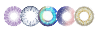 Various color contact lens designs, in purple, grey, blue, pink and green, showing an assortment of opaque patterns ranging from radial, flower, rainbow, stars to dotted, designed to transform eyes, on a transparent background
