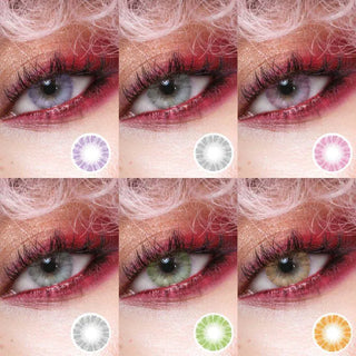Six close-up eye shots with bold red makeup, each wearing EyeCandys Promotion Shade Series contacts in lavender, grey, pink, white, green, and hazel. Displayed in a 2x3 grid with matching color circles below each eye.