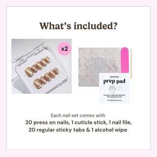 Reusable press on nails kit by EyeCandys including 20 nails, nail file, cuticle stick, alcohol wipe, and 10 sticky tabs for secure application.