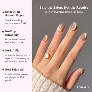 A hand shows off EyeCandys Velvet Taupe Press-On Nails with shiny holographic gold glitter against a light background. Text highlights smooth edges, no-chip durability, no-lift fit, and real salon gel.