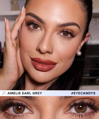 Close-up of Monica's eyes with EyeCandys Amelie Earl Grey colored contact lenses. Perfect for a natural, enhanced look with prescription options available