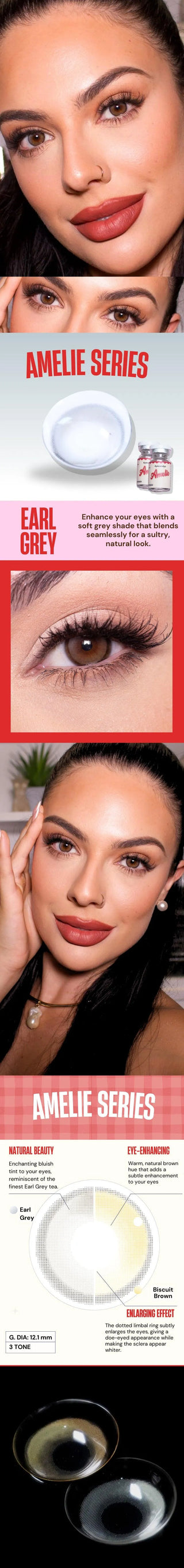 a collage of model image with a natural dark brown eyes wearing the amelie series earl grey and a close up eye image and another close up image of the contact lens showing the detail of the same lens.