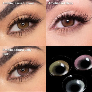 Collage showing dark brown eyes wearing EyeCandys Amelie Biscuit Brown, Earl Grey, and Sakura Jelly Pink colored contact lenses, plus a detailed macro shot of the lenses — vibrant and natural-looking prescription colored contact lenses designed to enhance and transform eye color.