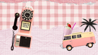 pink telephone drink and van on pink background
