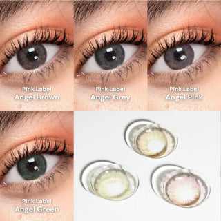 Collage of dark brown eyes wearing EyeCandys Pink Label Angel Brown, Angel Grey, Angel Pink, and Angel Green colored contact lenses, accompanied by a detailed macro shot of the lenses — natural-looking prescription colored contact lenses designed to enhance and brighten eye color with vivid hues.