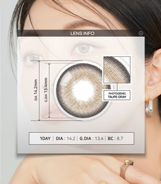 A close-up of a model demonstrating a natural makeup look with Ann365 Photogenic 1-Day Taupe Grey (10pk) circle colour contacts, highlighting how well the contact lenses blend with her dark eyes.