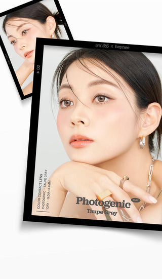 A close-up of a model demonstrating a natural makeup look with Ann365 Photogenic 1-Day Taupe Grey (10pk) circle colour contacts, highlighting how well the contact lenses blend with her dark eyes.