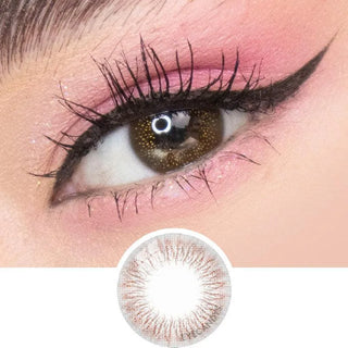 Close-up of eye wearing EyeCandys Attitude Glitter Choco brown color contact lens – natural glitter lens design