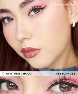 Model wearing EyeCandys Attitude Glitter Choco brown prescription color contact lenses – before and after close-up of eyes with natural-looking glitter brown contacts for dark eyes