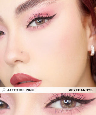 A close-up of a model demonstrating a natural makeup look with Attitude Pink circle colour contacts, highlighting how well the contact lenses blend with her dark eyes.