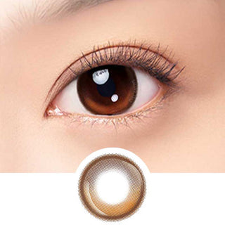 Close-up of eye wearing EyeCandys Aurora Brown colored contact lens – natural brown tone with a defined limbal ring for enhanced eye definition. Below is the lens design. Available in prescription for color contact lenses.