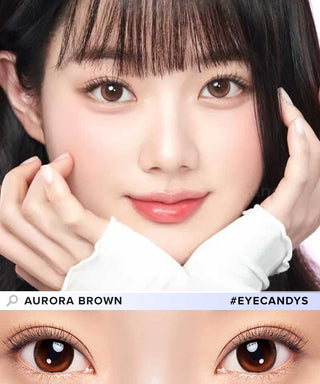 Side view of girl’s face wearing EyeCandys Aurora Brown colored contact lens – natural brown lens with a defined limbal ring for enhanced eye definition. Below is a close-up of her eyes showcasing the lens design. Ideal for prescription color contact lenses.