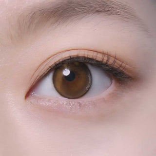 A close-up of a brown eye with long lashes, natural makeup, clear skin, and defined brows—enhanced by Bausch & Lomb Lacelle Aurora Black (30pk) coloured contact lenses from Bausch & Lomb.