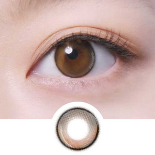 Close-up of model’s eye wearing EyeCandys Aurora Black colored contact lens – bold black color with a defined limbal ring for dramatic eye enhancement. Lens design shown at the bottom. Ideal for prescription color contact lenses.