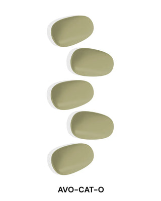 EyeCandys Avo-Cat-O Gel Nail Sticker in soft avocado green – semi-cured gel press-ons with a creamy matte finish, easy 10-minute application, perfect for spring or minimalist looks, long-lasting 2–3 weeks, 7-free allergy-friendly formula.