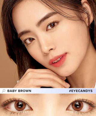 Girl’s face wearing EyeCandys Baby Brown colored contact lenses with natural makeup – soft brown lenses for a subtle, natural look. Below is a close-up of her eyes showcasing the lens design.