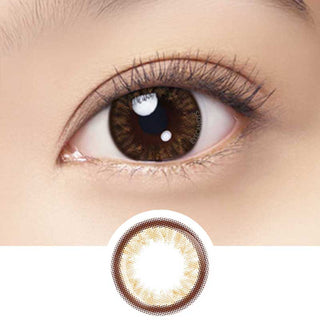 Close-up of eye wearing EyeCandys Bambi Brown colored contact lens – rich brown tone with a bold limbal ring for a wide-eyed, doll-like look. Below is the lens design. Available in prescription strength for colored contact lenses.