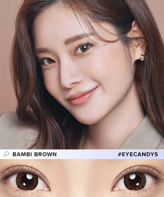 Girl’s face wearing EyeCandys Bambi Brown colored contact lenses with natural makeup – rich brown lenses that create a soft, doll-like effect. Below is a close-up of her eyes showcasing the lens design.