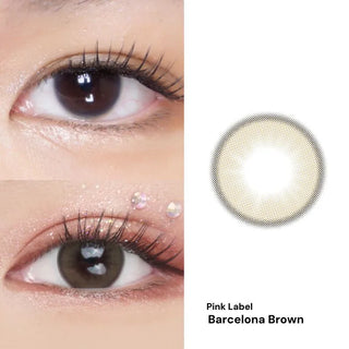 Collage of dark brown eyes before and after wearing EyeCandys Pink Label Barcelona Brown prescription colored contact lenses, alongside a close-up photo of the lens design — high-quality colored contact lenses that provide a natural and vibrant eye color enhancement with comfort.