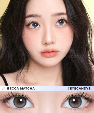 A female model with natural dark eyes wearing One Pick Becca Matcha contact lenses, complemented by subtle eyeshadow and pink lipstick and Close-up image showcases the model's eyes adorned with the same green contact lenses