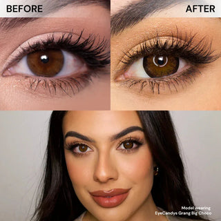 Before and after wearing EyeCandys Grang Big Choco prescription colored contact lenses