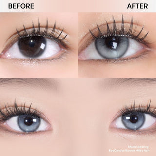 Close-up of eyes with long lashes before and after wearing EyeCandys Bunnie Milky Ash Grey prescription colored contact lens, showing subtle ash grey transformation.