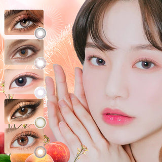 Bundle set of 5 peach-inspired pink color contact lenses worn on various models' dark eyes, next to a female model wearing a pink contact lens