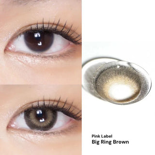 Collage of dark brown eyes before and after wearing EyeCandys Pink Label Big Ring Brown prescription colored contact lenses, with a close-up of the lens design — natural-looking colored contact lenses that enhance eye color with a bold and defined ring for added depth and vibrancy.