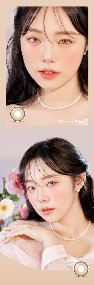A close-up of a model demonstrating a natural makeup look with Ann365 Buttercup 1-Day Beige (10pk) circle colour contacts, highlighting how well the contact lenses blend with her dark eyes.