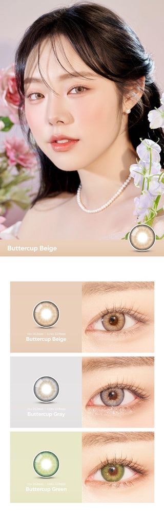 A close-up of a model demonstrating a natural makeup look with Ann365 Buttercup Beige circle colour contacts, highlighting how well the contact lenses blend with her dark eyes.