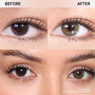 Close-up of eyes before and after wearing Eyecandys Cashmere Satin Olive prescription colored contact lenses showing natural olive green color