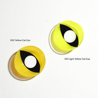 Macro shot of the EyeCandys Yellow and light yellow cat eye
cosplay prescription colored contact lens on a white background, highlighting the intricate details and pattern of the lens design.